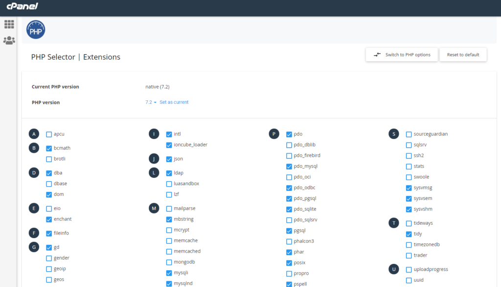 PHP extensions selector in cPanel