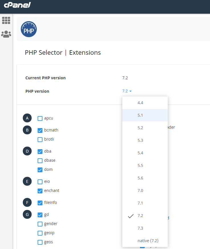changing PHP version in cPanel