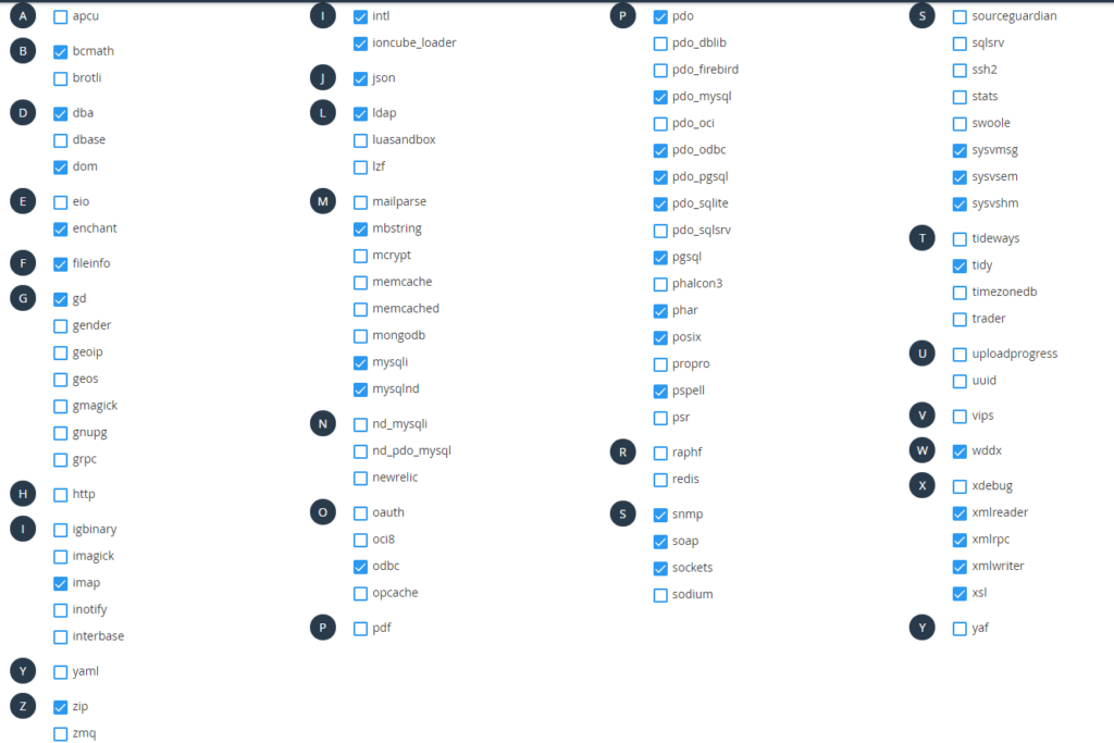 enabling PHP extensions screen in cPanel