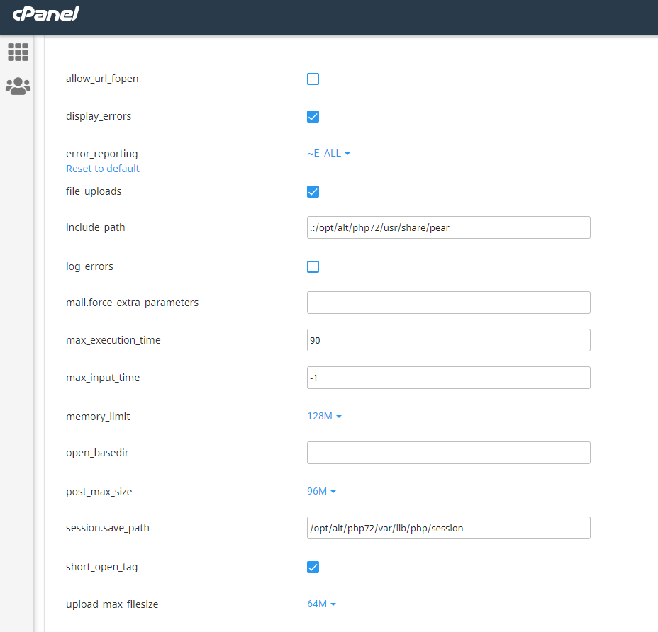 changing PHP options screen in cPanel