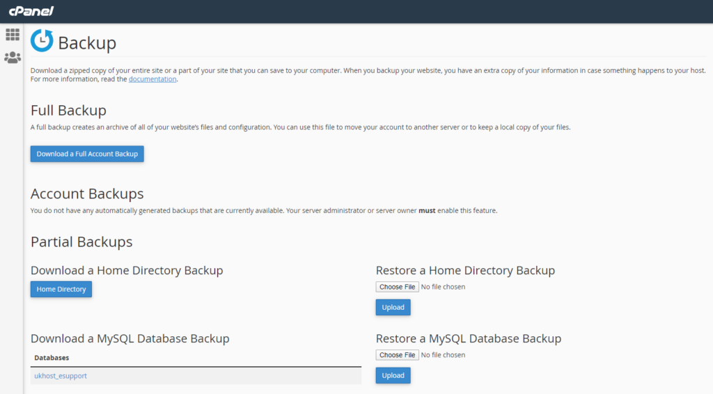 picture showing how to make partial account backup on cPanel