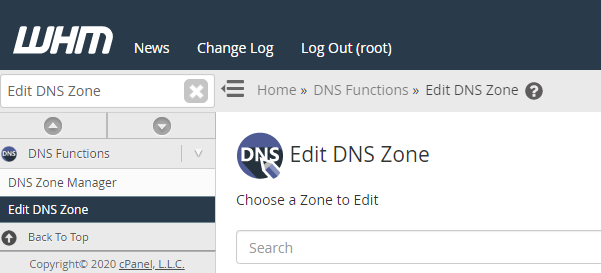 edit DNS zone option in WHM