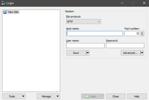 WinSCP new connection screen