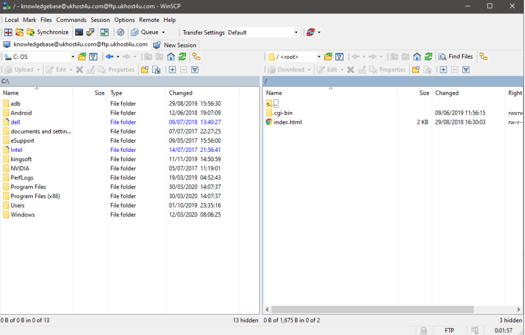 WinSCP successful FTP connection screen