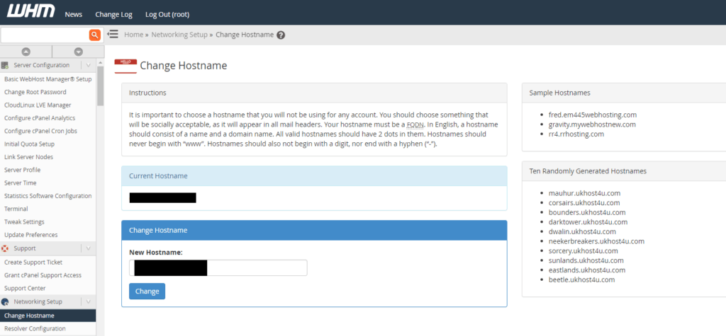 change hostname screen in WHM