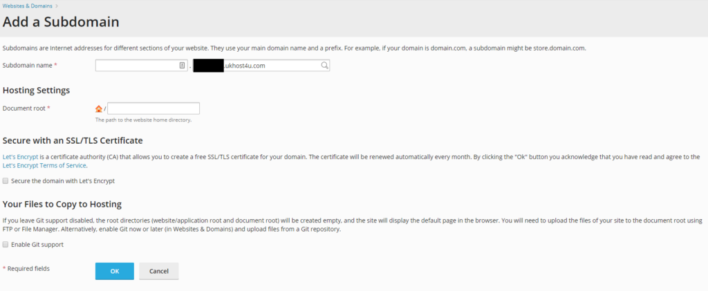 Add a Subdomain options in Plesk