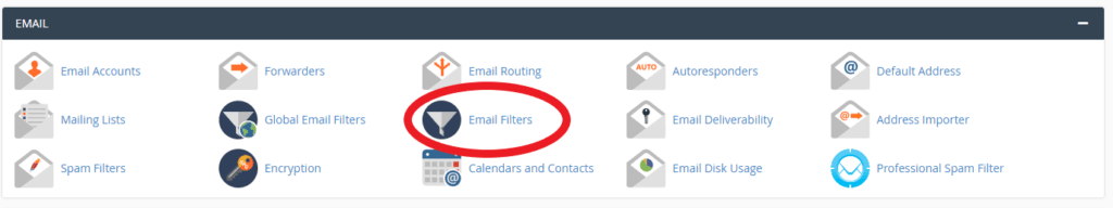 screenshot showing email filters in cPanel