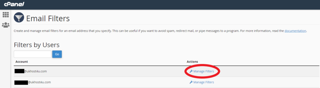 screenshot showing manage filters in cPanel