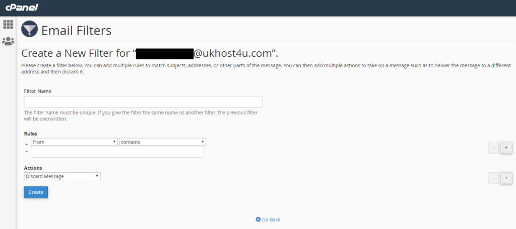 screenshot showing create new email filter in cPanel