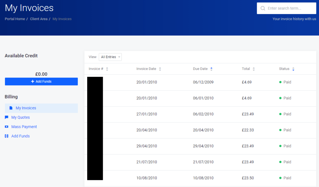 screenshot of invoices in Client Area