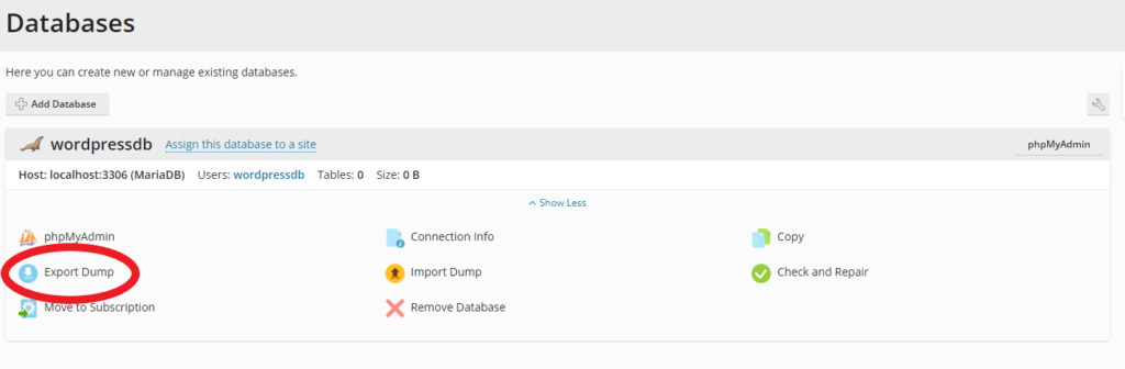 Export database dump option in Plesk