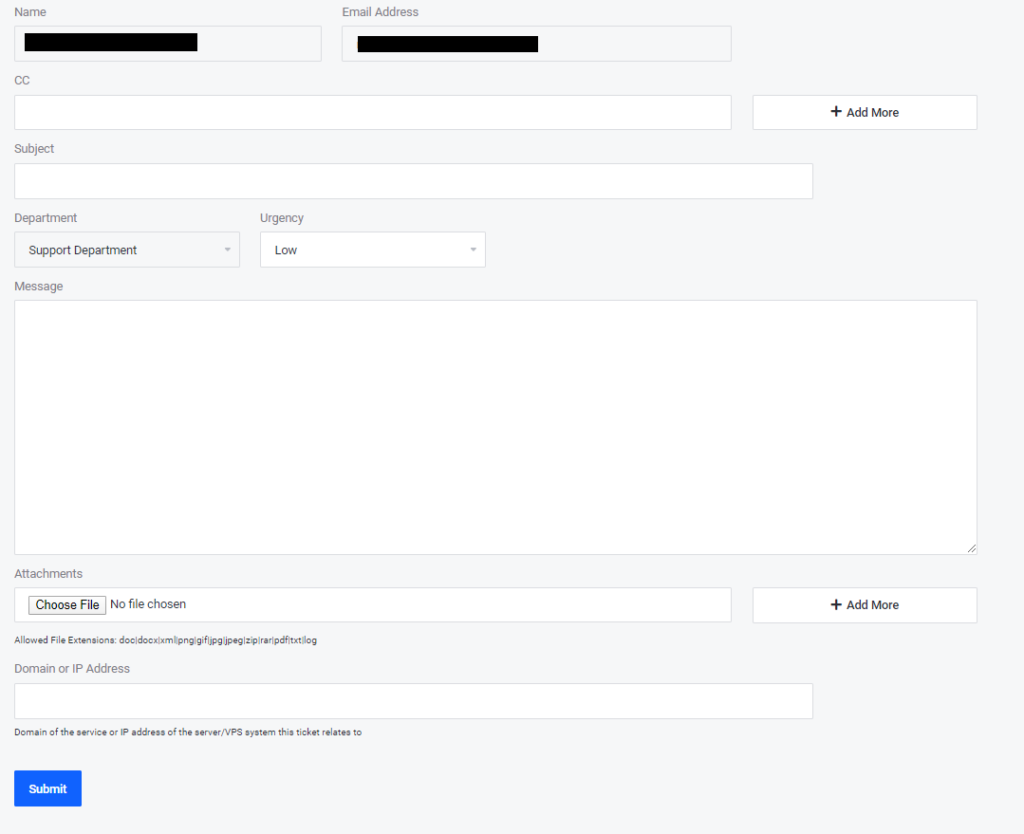 submitting a ticket form in the Client Area