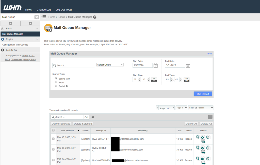 mail queue manager screen in WHM