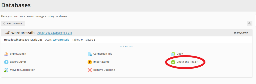 database check and repair option in Plesk