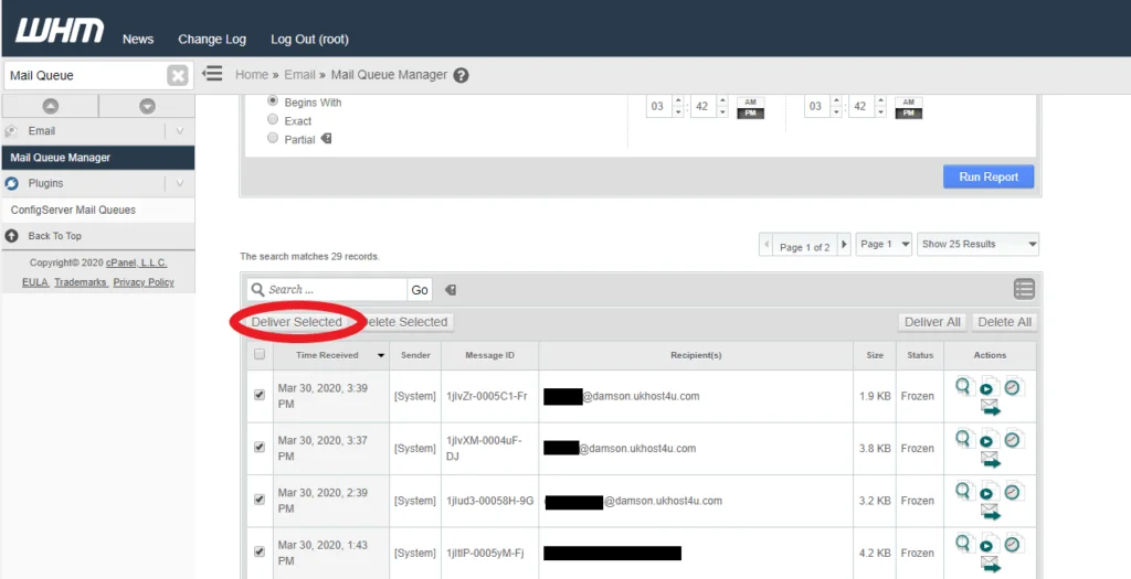 deliver selected emails from queue option in WHM