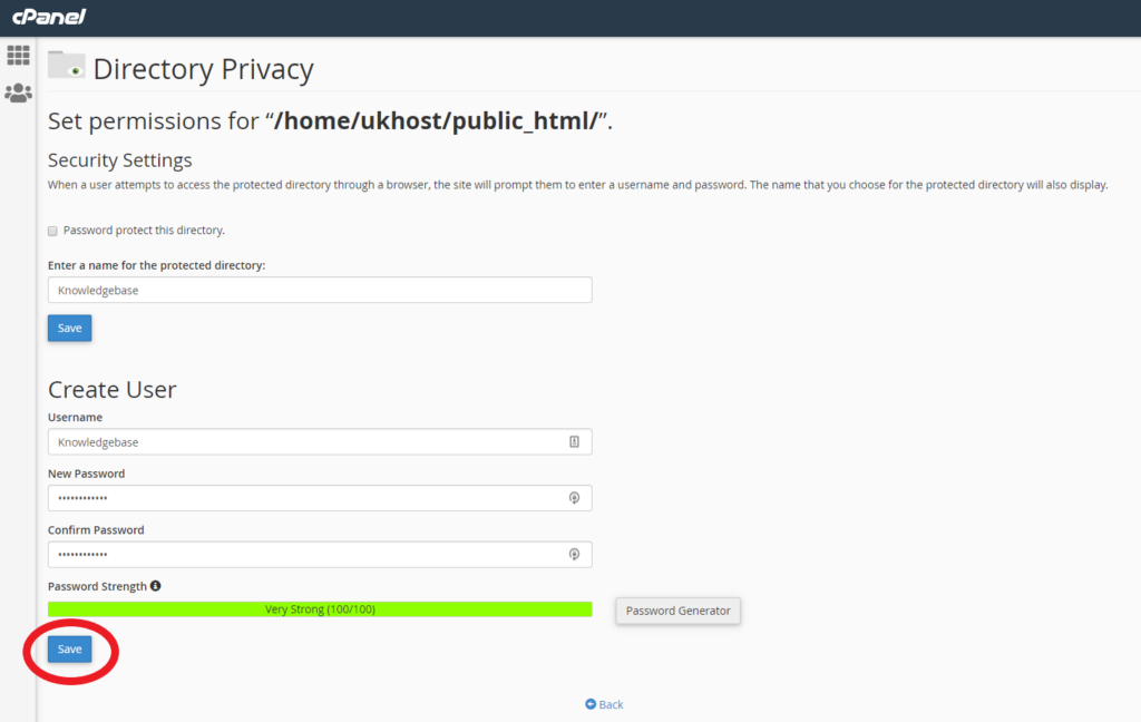creating permitted user for private directory in cPanel