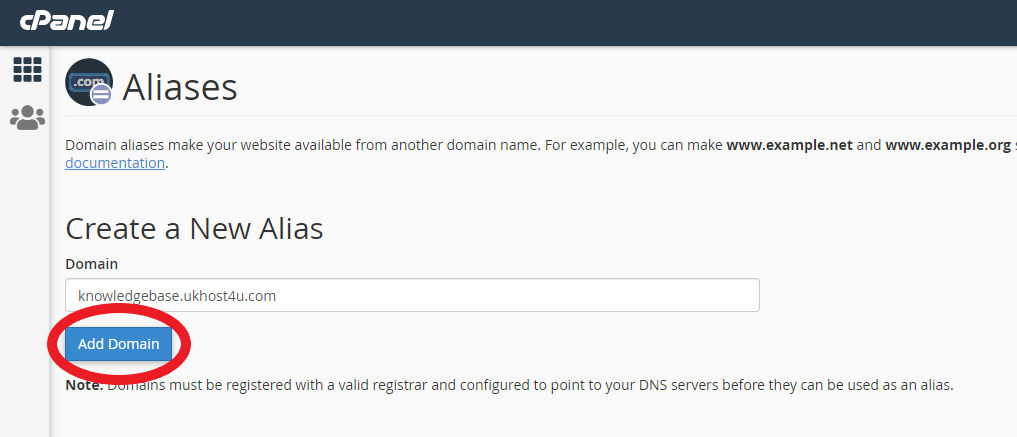 screenshot of adding new Alias in cPanel