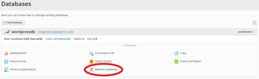 remove database option in Plesk