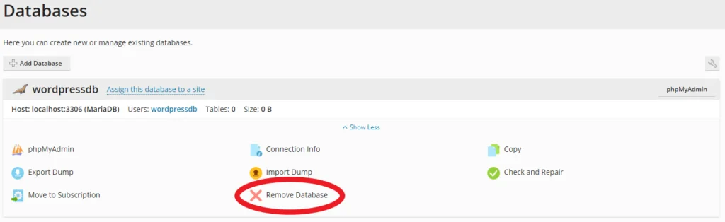 remove database option in Plesk