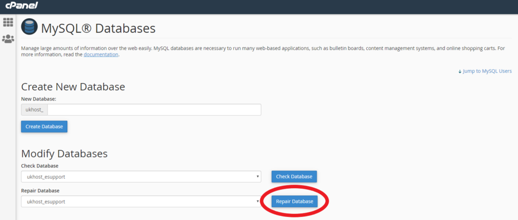 repair database option in cPanel