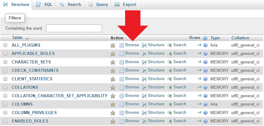 browse option in PHPMyAdmin
