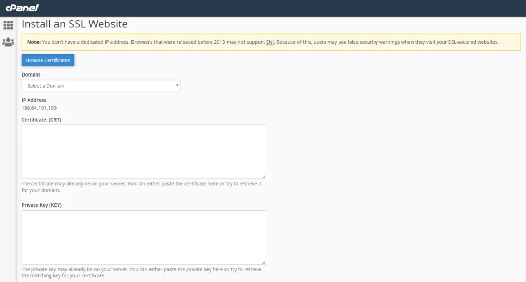 screenshot of SSL creation in cPanel