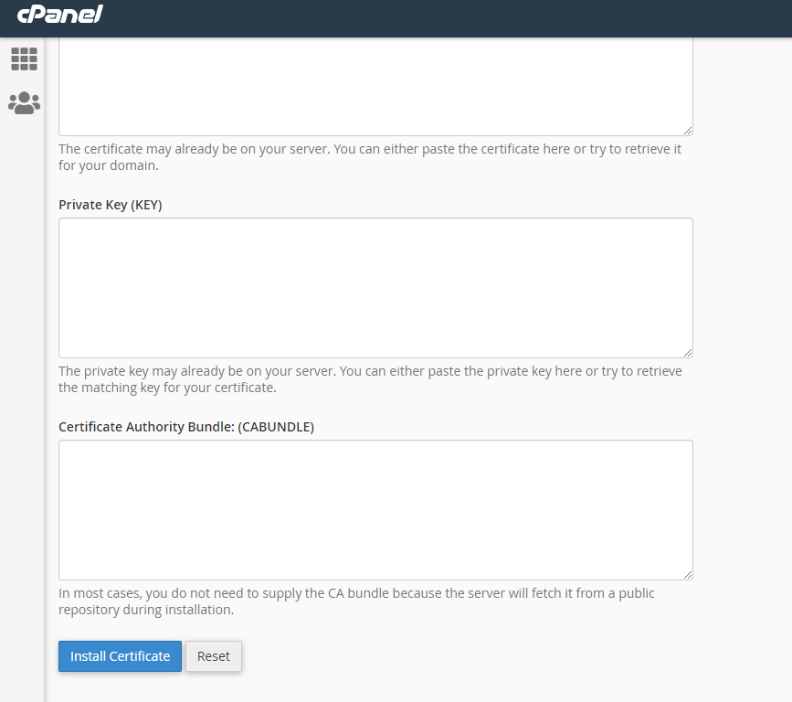 screenshot 2 of adding SSL options in cPanel