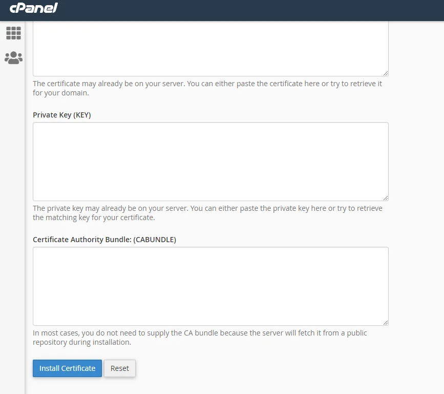 screenshot 2 of adding SSL options in cPanel