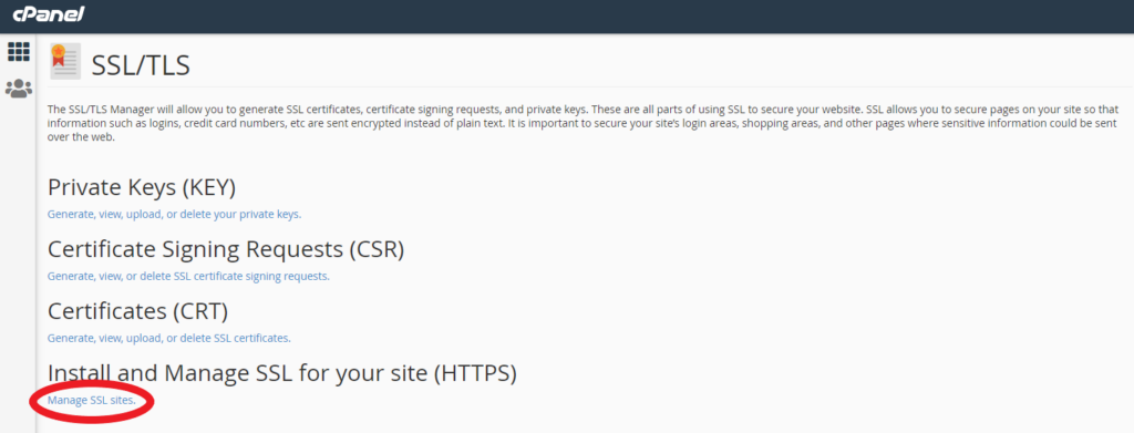 image showing Manage SSL Sites in cPanel