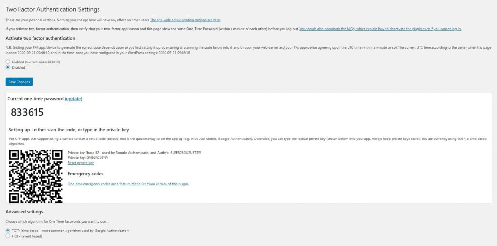 Two Factor Authenticator settings