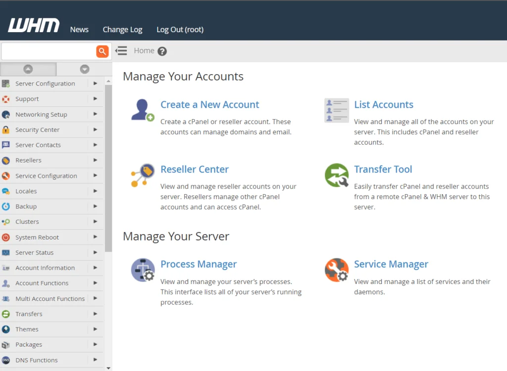 screenshot of Manage Accounts screen in WHM
