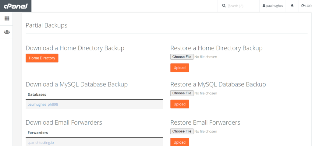 picture showing how to make partial account backup on cPanel