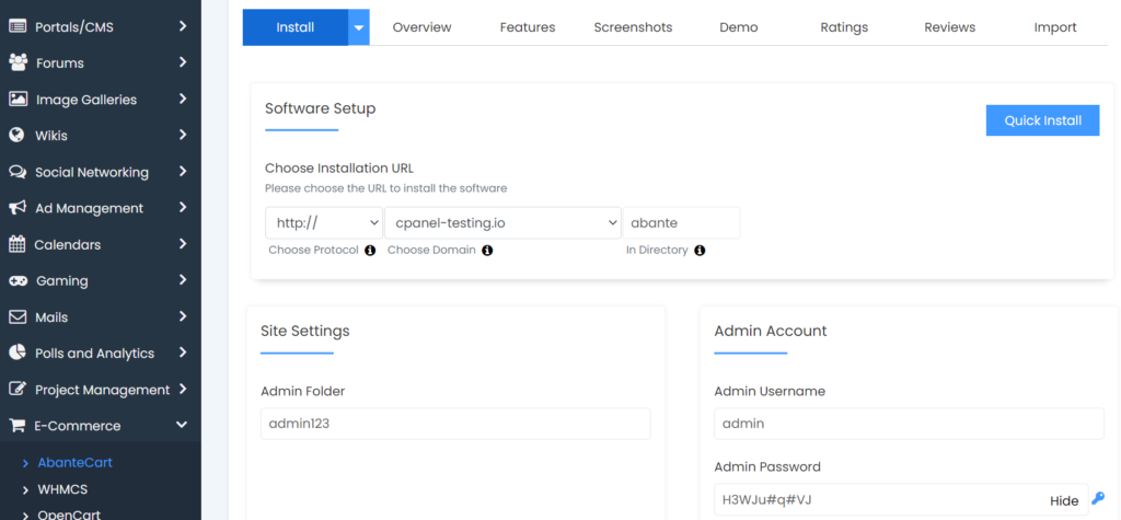 ukhost4u.com AbanteCart installation using Softaculous